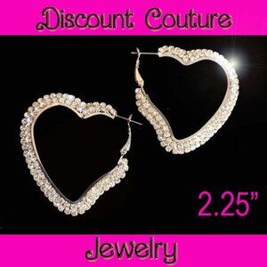 Silver Crystal Rhinestone Heart Hoop Earrings Big Huge 2.25" 2 Row VTG 90s NEW
